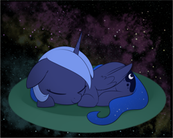 Size: 2093x1676 | Tagged: safe, artist:dusthiel, princess luna, alicorn, pony, g4, atg 2024, eyes closed, female, floppy ears, folded wings, horn, lying down, mare, newbie artist training grounds, ponyloaf, prone, sleeping, smiling, solo, space, wings