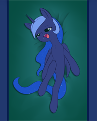 Size: 1675x2092 | Tagged: safe, artist:dusthiel, princess luna, alicorn, pony, g4, atg 2024, chest fluff, drool, featureless crotch, female, lying down, mare, newbie artist training grounds, on back, solo