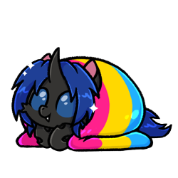 Size: 600x600 | Tagged: safe, artist:sugar morning, oc, oc only, oc:swift dawn, changeling, blanket, blue changeling, blue eyes, changeling oc, commission, cute, cuteling, fangs, flag, happy, horn, looking at you, lying down, male, ocbetes, pansexual pride flag, pride, pride flag, prone, simple background, smiling, solo, sparkles, transparent background, ych result