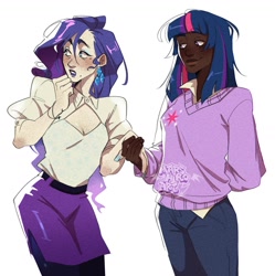 Size: 1680x1688 | Tagged: safe, artist:marshiroart, rarity, twilight sparkle, human, g4, belt, blushing, boob window, clothes, dark skin, duo, duo female, ear piercing, earring, eyeshadow, female, holding hands, humanized, jewelry, lesbian, lipstick, makeup, nail polish, pants, piercing, ship:rarilight, shipping, shirt, simple background, skirt, sweater, white background