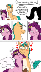 Size: 661x1164 | Tagged: safe, artist:helathahstudios, dahlia, hitch trailblazer, pipp petals, earth pony, pegasus, pony, g5, 5 panel comic, blaze (coat marking), blushing, coat markings, colored wings, comic, crown, exclamation point, eye clipping through hair, eyes closed, facial markings, female, floating heart, folded wings, heart, jealous, jewelry, male, nuzzling, open mouth, possessive, question mark, raised hoof, regalia, ship:pitch, shipping, silhouette, simple background, socks (coat markings), speech bubble, spread wings, straight, trio, white background, wings