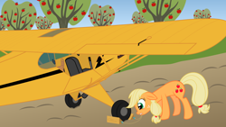 Size: 4000x2250 | Tagged: safe, artist:ifollowroads, applejack, earth pony, pony, g4, apple, apple tree, female, mare, mouth hold, plane, solo, sweet apple acres, tree, vehicle