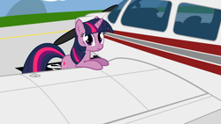 Size: 4000x2250 | Tagged: safe, artist:ifollowroads, twilight sparkle, pony, unicorn, g4, female, horn, leaning, looking at you, mare, plane, smiling, solo, unicorn twilight, vehicle