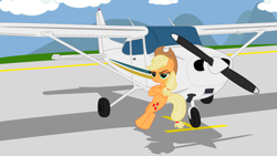 Size: 4000x2250 | Tagged: safe, artist:ifollowroads, earth pony, pony, g4, applejack's hat, bipedal, bipedal leaning, cessna, cessna 172, cowboy hat, female, hat, leaning, mare, plane, solo