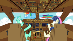 Size: 8000x4500 | Tagged: safe, artist:ifollowroads, bon bon, lyra heartstrings, rainbow dash, sweetie drops, earth pony, pegasus, pony, unicorn, g4, bird strike, boeing, boeing 777, cockpit, collision, crash, female, flying, horn, mare, pilot, plane, shocked, spread wings, this ended in death, this ended in pain, trio, trio female, vehicle, wings