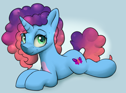 Size: 3141x2331 | Tagged: safe, artist:dumbwoofer, misty brightdawn, pony, unicorn, g4, g5, ear fluff, female, freckles, g5 to g4, generation leap, horn, looking at you, lying down, mare, prone, rebirth misty, smiling, solo, sploot