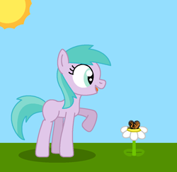 Size: 965x938 | Tagged: safe, artist:maddiewondermanforever36, aura (g4), butterfly, earth pony, insect, monarch butterfly, pony, g4, adult blank flank, aurabetes, blank flank, cute, daisy (flower), female, flower, mare, older, older aura (g4), raised hoof, raised leg, shadow, sun, talking