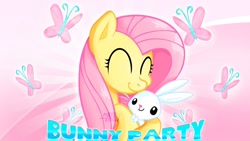 Size: 1280x720 | Tagged: dead source, safe, artist:mayhemtown, angel bunny, fluttershy, butterfly, pegasus, pony, rabbit, g4, abstract background, angelbetes, animal, bunny party, bunny party hd, cute, duo, duo male and female, eyes closed, female, hug, looking at each other, looking at someone, male, semi-grimdark source, shyabetes, smiling, smiling at each other, things are not like what they seem, this will end in death, youtube thumbnail