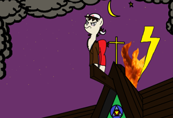 Size: 1877x1276 | Tagged: safe, artist:atomgatherer, oc, oc only, oc:atom gatherer, earth pony, pony, 1000 hours in ms paint, brown hoodie, cloud, cross, hat, lightning, looking down, moon, no tail, red pants, solo, stars