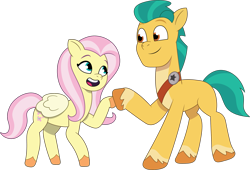 Size: 2149x1465 | Tagged: safe, artist:prixy05, fluttershy, hitch trailblazer, earth pony, pegasus, pony, g4, g5, my little pony: tell your tale, duo, duo male and female, female, g4 to g5, generation leap, hitch and his 2nd heroine, hoof hold, male, mare, open mouth, ship:flutterhitch, shipping, simple background, stallion, straight, transparent background, vector