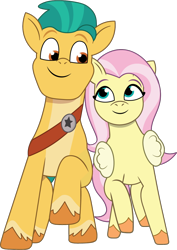 Size: 806x1138 | Tagged: safe, artist:prixy05, fluttershy, hitch trailblazer, earth pony, pegasus, pony, g4, g5, my little pony: tell your tale, duo, duo male and female, female, g4 to g5, generation leap, hitch and his 2nd heroine, leaning, male, mare, ship:flutterhitch, shipping, simple background, stallion, straight, transparent background, vector