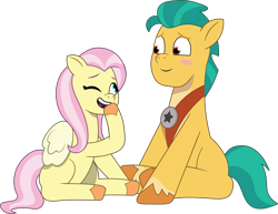 Size: 1627x1254 | Tagged: safe, artist:prixy05, fluttershy, hitch trailblazer, earth pony, pegasus, pony, g4, g5, my little pony: tell your tale, belly, blushing, duo, duo male and female, female, g4 to g5, generation leap, hitch and his 2nd heroine, laughing, male, mare, open mouth, ship:flutterhitch, shipping, simple background, sitting, stallion, straight, transparent background, vector