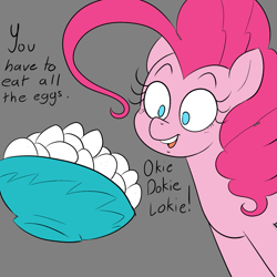 Size: 1155x1155 | Tagged: safe, artist:this_sl0th, pinkie pie, earth pony, pony, g4, bowl, egg, gray background, okie doki loki, simple background, solo, you have to eat all the eggs