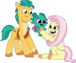 Size: 1662x1383 | Tagged: safe, artist:prixy05, fluttershy, hitch trailblazer, sparky sparkeroni, dragon, earth pony, pegasus, pony, g4, g5, my little pony: tell your tale, baby, baby dragon, belly, duo, duo male and female, female, g4 to g5, generation leap, hitch and his 2nd heroine, holding a dragon, male, mare, open mouth, ship:flutterhitch, shipping, simple background, sitting, stallion, straight, transparent background, vector