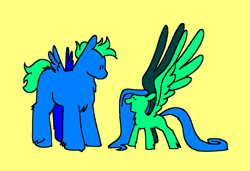 Size: 1280x875 | Tagged: safe, artist:msponies, pegasus, pony, g4, big pony, duo, large wings, long mane, short mane, simple background, small pony, small wings, wings, yellow background