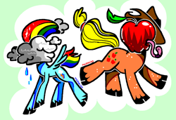 Size: 1280x875 | Tagged: safe, artist:msponies, applejack, rainbow dash, earth pony, pegasus, pony, worm, g4, apple, applejack's hat, cloud, cowboy hat, duo, duo female, female, food, hat, object head, rainbow