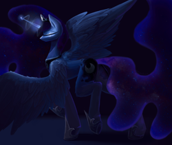 Size: 4500x3800 | Tagged: safe, artist:anastas, princess luna, alicorn, pony, g4, absurd resolution, blue coat, breasts, butt, cleavage, constellation, constellation hair, dark background, detailed, detailed hair, ethereal mane, ethereal tail, eyelashes, eyes closed, feathered wings, glowing, glowing horn, horn, jewelry, large wings, magic, plot, purple mane, purple tail, raised hoof, raised leg, redraw, regalia, simple background, solo, spread wings, standing, starry mane, stars, sternocleidomastoid, tail, wings