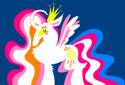 Size: 1280x875 | Tagged: safe, artist:msponies, princess celestia, alicorn, pony, g4, alternate cutie mark, alternate design, alternate mane color, alternate tail color, blue background, blue pupils, chest fluff, colored, colored eyelashes, colored pinnae, colored pupils, colored sclera, colored wings, crown, curved horn, ear fluff, female, flat colors, heart, heart eyes, hock fluff, horn, jewelry, lesbian pride flag, lineless, long horn, looking back, missing accessory, no mouth, pink eyelashes, pride, pride flag, profile, regalia, simple background, small wings, solo, spread wings, trans celestia, trans female, transgender, transgender pride flag, two toned wings, wingding eyes, wings, yellow sclera