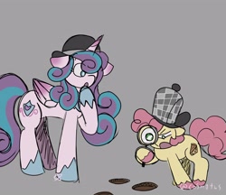Size: 4096x3532 | Tagged: safe, artist:cosm0ths, li'l cheese, princess flurry heart, alicorn, earth pony, pony, g4, colt, deerstalker, detective, duo, female, foal, gray background, hat, magnifying glass, male, mare, older, older flurry heart, sherlock holmes, simple background, watson