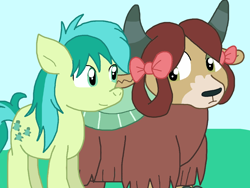 Size: 1058x794 | Tagged: safe, artist:cmara, sandbar, yona, earth pony, pony, yak, g4, bow, duo, duo male and female, female, hair bow, looking at each other, looking at someone, male, monkey swings