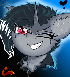 Size: 2000x2200 | Tagged: safe, artist:spirit-fireheart, oc, oc only, oc:inky heart, pony, bust, chest fluff, ear fluff, gradient background, heart, male, portrait, smiling, solo