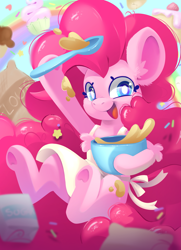 Size: 3071x4252 | Tagged: safe, artist:cutepencilcase, pinkie pie, earth pony, pony, g4, bowl, dough, female, flour, mare, smiling, solo