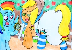 Size: 3221x2231 | Tagged: safe, artist:bitter sweetness, applejack, rainbow dash, earth pony, pegasus, pony, g4, abdl, adult foal, apple, apple tree, clothes, diaper, diaper fetish, dirt road, female, fence, fetish, hypnojack, hypnosis, looking back, non-baby in diaper, open mouth, open smile, pendulum swing, poofy diaper, smiling, socks, striped socks, sweet apple acres, traditional art, tree