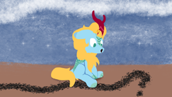 Size: 3840x2160 | Tagged: safe, artist:wissle, oc, oc only, oc:instant burst, kirin, g4, atg 2024, cloven hooves, high res, kirin oc, looking down, male, newbie artist training grounds, open mouth, sitting, solo, stallion, surprised, wide eyes