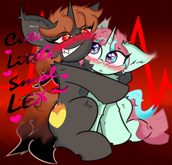 Size: 2185x2100 | Tagged: safe, artist:spirit-fireheart, oc, oc only, oc:minty glaze, oc:spirit fireheart, pony, unicorn, blushing, chest fluff, confused, duo, duo male, ear fluff, flirting, gradient background, heart, horn, hug, male, text, title