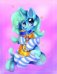 Size: 2150x2820 | Tagged: safe, artist:pozya1007, oc, oc only, oc:mintya, pony, unicorn, clothes, cute, drink, female, horn, slime, socks, solo, striped socks