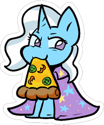 Size: 510x610 | Tagged: safe, artist:zutcha, trixie, pony, unicorn, g4, cape, clothes, female, food, hatless, horn, mare, missing accessory, mouth hold, pizza, simple background, sitting, solo, transparent background, trixie's cape