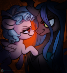 Size: 2760x3000 | Tagged: safe, artist:bloodymrr, cozy glow, queen chrysalis, changeling, pegasus, pony, g4, abdl, bow, diaper, duo, duo female, ears back, evil smile, female, filly, foal, hair bow, looking at each other, looking at someone, non-baby in diaper, red background, red eyes, smiling, smiling at each other, wings