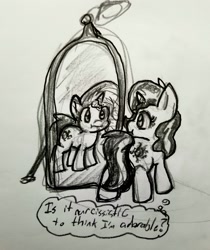 Size: 1726x2054 | Tagged: safe, artist:zutcha, sunset shimmer, pony, unicorn, g4, female, grayscale, horn, mare, mirror, monochrome, pencil drawing, reflection, sketch, solo, thought bubble, traditional art