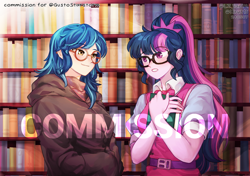 Size: 1996x1404 | Tagged: safe, artist:hiru3152, artist:lzjian79, indigo zap, sci-twi, twilight sparkle, human, equestria girls, g4, alternate hairstyle, book, bookshelf, collaboration, commission, duo, duo female, female, glasses, lesbian, library, sci-twi outfits, shipping, twizap