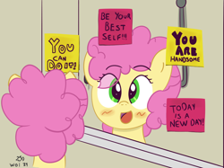 Size: 1010x755 | Tagged: safe, artist:wanda, li'l cheese, earth pony, pony, g4, bathroom, blushing, colt, crossdressing, eyelashes, foal, happy, male, mirror, ponified animal photo, reflection, smiling, solo, sticker, text, trap