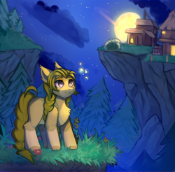 Size: 3754x3700 | Tagged: safe, artist:freak-side, oc, oc only, earth pony, pony, cliff, forest, house, moon, nature, solo, tree