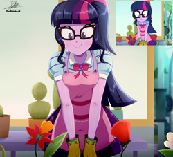 Size: 2134x1934 | Tagged: safe, artist:the-butch-x, sci-twi, twilight sparkle, human, series:butch's frame redrawn, equestria girls, g4, my little pony equestria girls: better together, my little shop of horrors, apron, arms, blouse, bowtie, breasts, bust, cactus, clothes, cute, eyelashes, female, flower, frame redrawn x, geode of telekinesis, glasses, gloves, happy, long hair, magical geodes, plant, ponytail, puffy sleeves, rose, scene interpretation, screencap reference, shirt, skirt, smiling, solo, standing, teenager, twiabetes