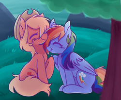 Size: 1493x1229 | Tagged: safe, artist:sillyp0ne, applejack, rainbow dash, earth pony, pegasus, pony, g4, :t, applejack's hat, blush scribble, blushing, boop, colored eyelashes, colored lineart, cowboy hat, cute, dashabetes, detailed background, duo, duo female, eyes closed, female, folded wings, grass, hat, jackabetes, lesbian, mare, noseboop, nuzzling, outdoors, profile, purple eyelashes, raised hoof, ship:appledash, shipping, sitting, smiling, stetson, tree, wing fluff, wings