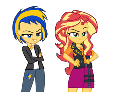 Size: 1000x750 | Tagged: safe, artist:mlpfan3991, sunset shimmer, oc, oc:flare spark, human, equestria girls, g4, crossed arms, duo, duo female, female, hand on hip, lesbian, ship:flareset, simple background, smiling, transparent background