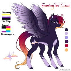 Size: 3000x3000 | Tagged: safe, artist:squishkitti, oc, oc only, oc:evening cloud, pegasus, pony, asexual pride flag, coat markings, colored pinnae, colored wings, concave belly, ear piercing, earring, facial markings, gradient mane, gradient tail, gradient wings, jewelry, mixed pronouns, nonbinary, nonbinary pride flag, pale belly, pansexual pride flag, piercing, pride, pride flag, pronouns, reference sheet, signature, simple background, socks (coat markings), solo, spread wings, stripe (coat marking), tail, transgender, white background, wings