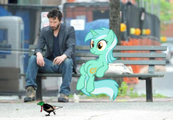 Size: 630x435 | Tagged: safe, edit, editor:anonymous, lyra heartstrings, oc, oc:anon bird, bird, human, pony, g4, /bale/, artifact, bench, cup, human behavior, irl, irl human, keanu reeves, meme, necktie, outdoors, photo, ponies in real life, sad keanu, sitting, sitting lyra, trio, trio male and female, vector