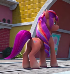 Size: 680x720 | Tagged: safe, screencap, sunny starscout, earth pony, pony, g5, have you seen this dragon?, my little pony: make your mark, my little pony: make your mark chapter 2, spoiler:g5, spoiler:my little pony: make your mark, spoiler:my little pony: make your mark chapter 2, spoiler:mymc02e08, back of head, butt, cropped, featureless crotch, female, mane stripe sunny, mare, maretime bay, plot, solo, sunny starbutt, tail