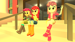 Size: 2048x1152 | Tagged: safe, artist:gaelgaming1, apple bloom, scootaloo, sweetie belle, human, equestria girls, g4, 3d, arms, belt, boots, bow, canterlot high, child, clothes, crossed legs, cutie mark crusaders, denim, eyelashes, female, fingers, hair bow, hand, hands in the air, happy, hoodie, jeans, lege, long hair, open clothes, open mouth, open shirt, open smile, outdoors, pants, preteen, puffy sleeves, scene interpretation, school, shirt, shoes, short hair, short sleeves, shorts, sitting, skirt, smiling, stairs, teeth, top, trio, trio female, waving, zipper