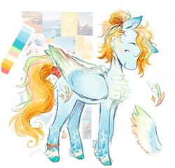 Size: 973x935 | Tagged: oc name needed, safe, artist:lutraviolet, oc, oc only, pegasus, pony, ambiguous gender, anklet, blue coat, blushing, butt fluff, caustics, cheek fluff, chest fluff, coat markings, color palette, colored eartips, colored wings, colored wingtips, dot eyes, ear fluff, facial markings, fluffy, folded wings, gradient legs, hair bun, jewelry, large wings, leg fluff, long tail, looking back, moodboard, multicolored mane, multicolored tail, multicolored wings, multicolored wingtips, pegasus oc, profile, reference sheet, shiny mane, shiny tail, signature, simple background, solo, spread wings, standing, tail, thin legs, tied mane, unshorn fetlocks, water legs, wavy mane, wavy tail, white background, white wingtips, wing fluff, wings