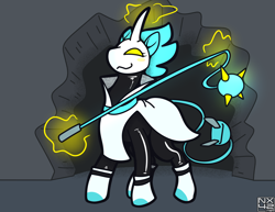 Size: 3850x2975 | Tagged: safe, artist:boundbrush, pony, robot, robot pony, unicorn, :3, blush sticker, blushing, boots, broken wall, deltarune, female, glowing, glowing horn, high res, horn, levitation, magic, mare, plug tail, ponified, shoes, solo, tasque manager, telekinesis, whip