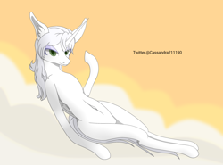 Size: 2700x2000 | Tagged: safe, artist:cassandra211190, oc, oc:κασσάνδρα, alicorn, pony, alicorn oc, belly, belly button, cloud, eyeshadow, green eyes, horn, long legs, makeup, on a cloud, thin, white coat, wings