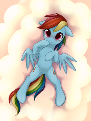 Size: 1000x1333 | Tagged: safe, artist:rainbow, rainbow dash, pegasus, pony, g4, animated, animated png, barely animated, belly, blinking, both cutie marks, cloud, colored pupils, cute, dashabetes, eye shimmer, featureless crotch, female, floppy ears, hoof on chest, hoof on chin, looking at you, lying, lying down, mare, on a cloud, on back, round belly, smiling, smiling at you, solo, spread legs, spread wings, spreading, wings