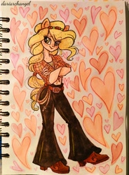 Size: 2965x4026 | Tagged: safe, artist:dariarchangel, applejack, human, g4, applejack (g5 concept leak), bellbottoms, belt, blonde, boots, braid, clothes, cowboy boots, cute, eared humanization, female, g5 concept leaks, headband, heart, humanized, jackabetes, lasso, midriff, photo, plaid shirt, rope, shirt, shoes, sketchbook, smiling, smirk, solo, traditional art