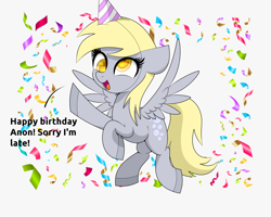 Size: 2500x2000 | Tagged: dead source, safe, artist:scandianon, derpy hooves, pegasus, pony, g4, bipedal, colored, colored hooves, colored pupils, cross-eyed, english, female, happy, happy birthday, hat, hooves, mare, open mouth, open smile, party hat, rounded rectangular catchlights, simple background, smiling, solo, streamers, talking, white background