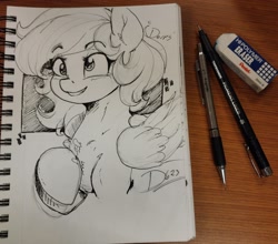 Size: 2048x1803 | Tagged: safe, artist:thelunarmoon, derpy hooves, pegasus, pony, g4, chest fluff, cute, derp, derpabetes, eraser, eyebrows, eyebrows visible through hair, female, grin, mare, mechanical pencil, pen, pen drawing, sketchbook, smiling, solo, thelunarmoon is trying to murder us, traditional art